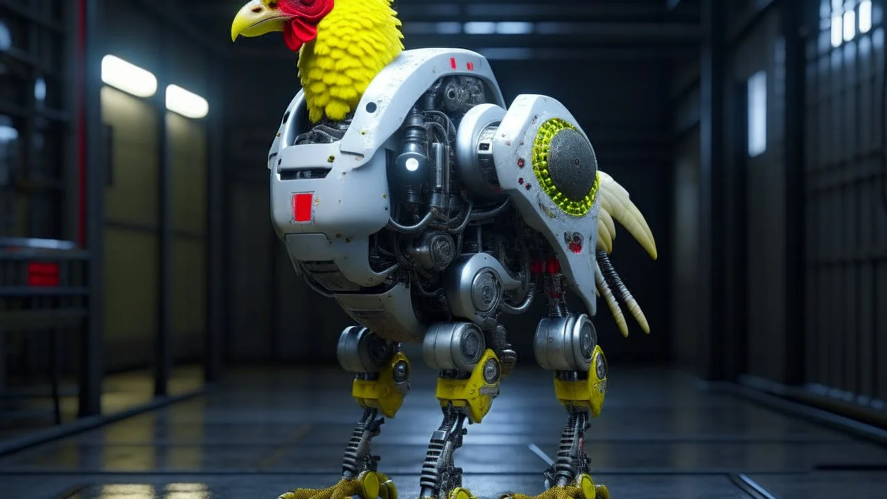 CHICKEN robot, sci-fi, cyberpunk, full body, ultra realistic, virtual reality