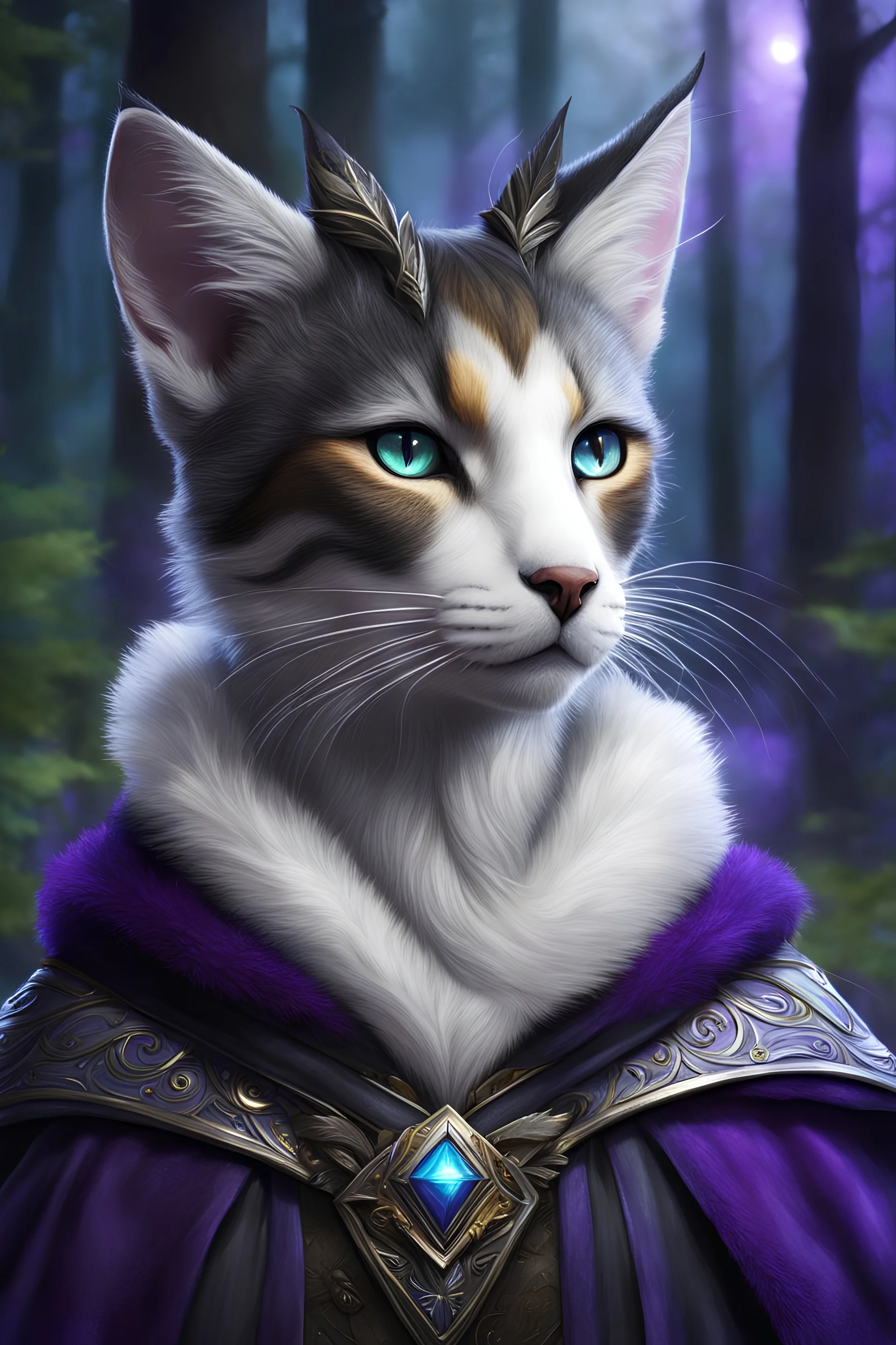 Beautiful D&D character, humanoid female tabaxi druid, smooth face with no designs on face, add more fur to the face, tufts of white fur poking out of the ears, black fur on face, colorful fantasy, detailed, realistic face, digital portrait, intricate cloak black trimmed with silver and purple, background is nighttime forest scene with mist,fiverr dnd character, wlop, stanley artgerm lau, ilya kuvshinov, artstation, HD, octane render, hyperrealism
