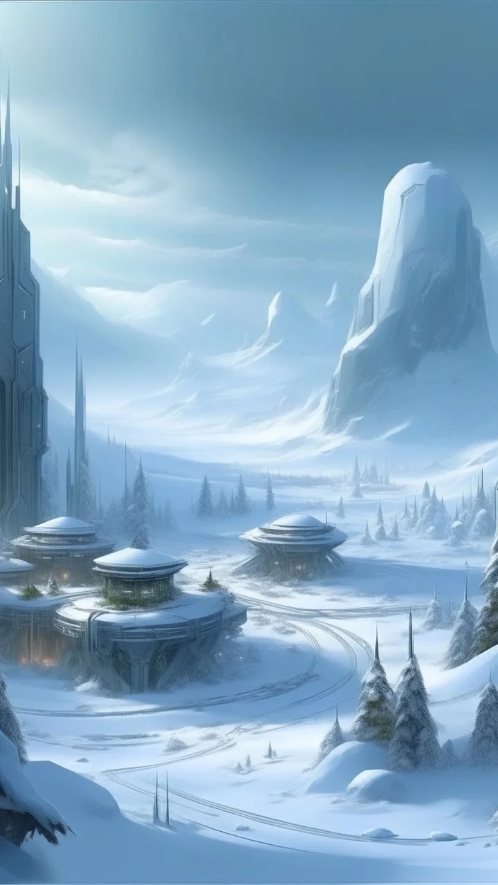 sci fi city, star wars inspired, glacier, winter trees