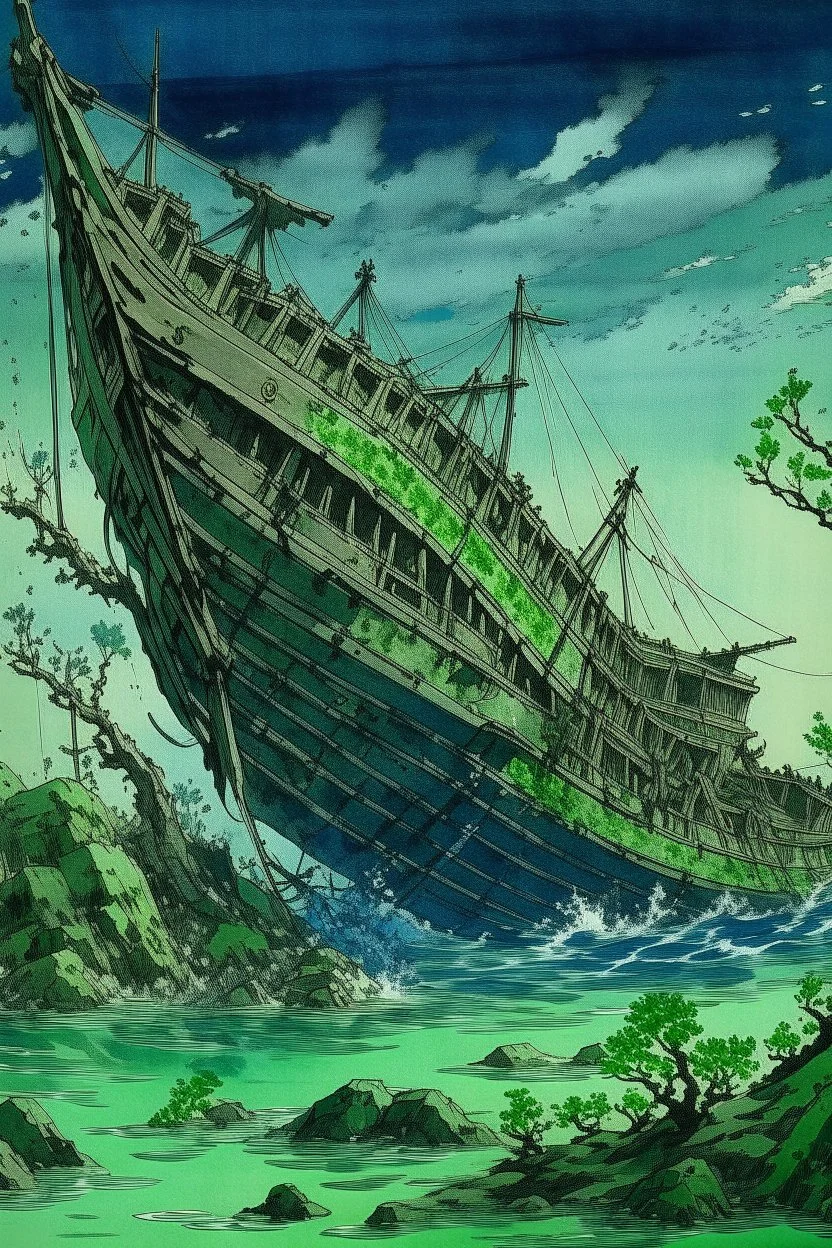 A bluish green shipwreck in deep underwater painted by Katsushika Hokusai