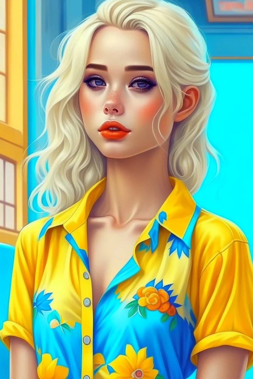 pretty girl, blonde, conventionally attractive, bright clothes, realism, dreamy, tight top