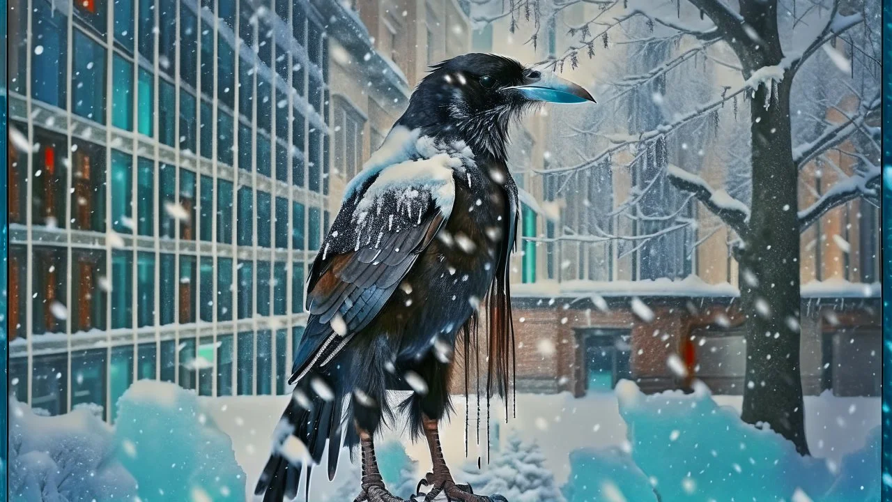 Capture a compelling image of a crow adorned in a punk leather jacket within a snowy Christmas atmosphere. Embrace a minimalist collage style that accentuates the unique fusion of the edgy leather jacket and the holiday charm. Ensure the composition highlights the crow's distinct presence against the backdrop of a winter Christmas ambiance, creating a visually minimalist scene.