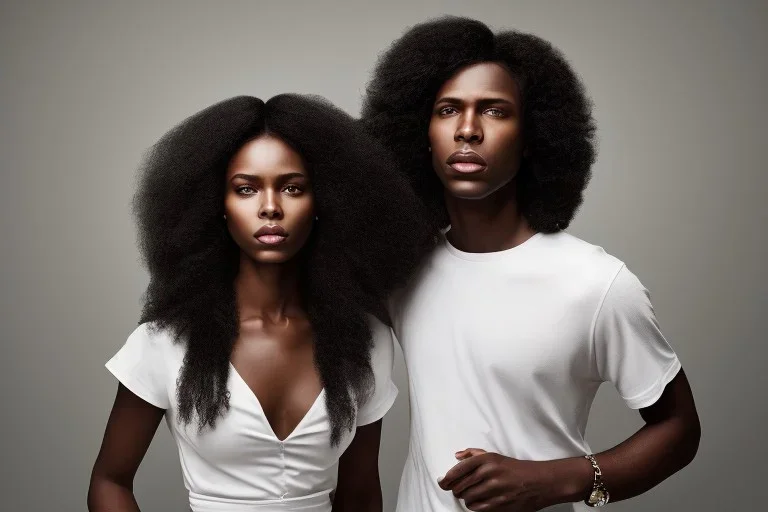 A portrait of a Beautiful black woman with long black hair standing next to twin brother with an angered expression