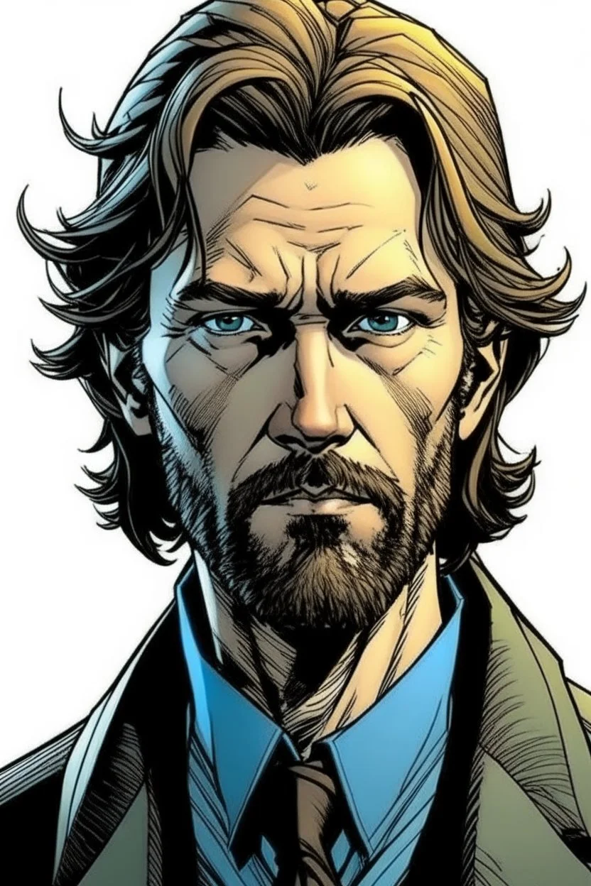 manwho looks like Hans Gruber with scruffy hair, stubble and a judgmental look on his face comic book style