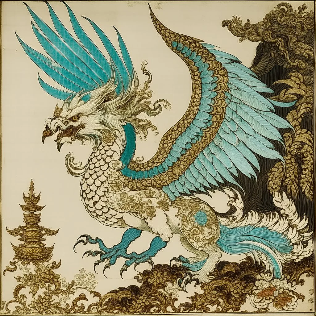 A white air elemental griffin designed in Mehndi design painted by Utagawa Hiroshige