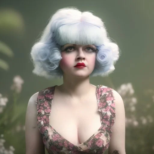 Clara bow with white hair, big sad eyes, flowers, in the sun