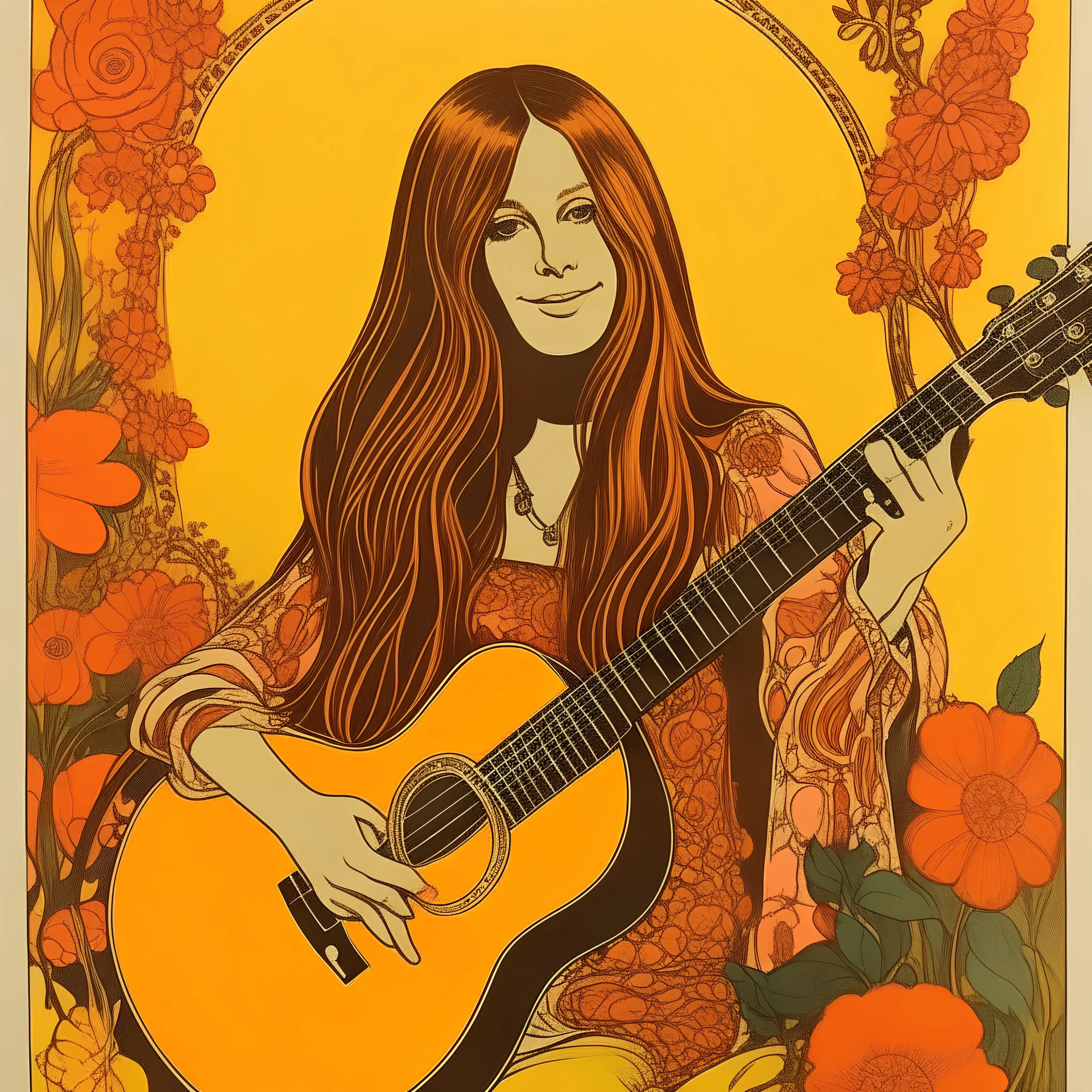 Vintage Hippie poster, girl with long hair and guitar, orange, pink, yellow, flowers