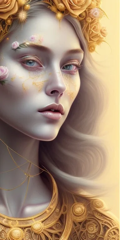 ultradetailed beautiful portrait painting of love Aphordite with short flowing golden hair and sharp piercing gaze of deep grey eyes, alluring beauty, smiley lip, wearing jewels, roses, ultra ornate, gold leaf deatils, wearing white dress, by conrad roset, greg rutkowski and artgerm, trending on artstation