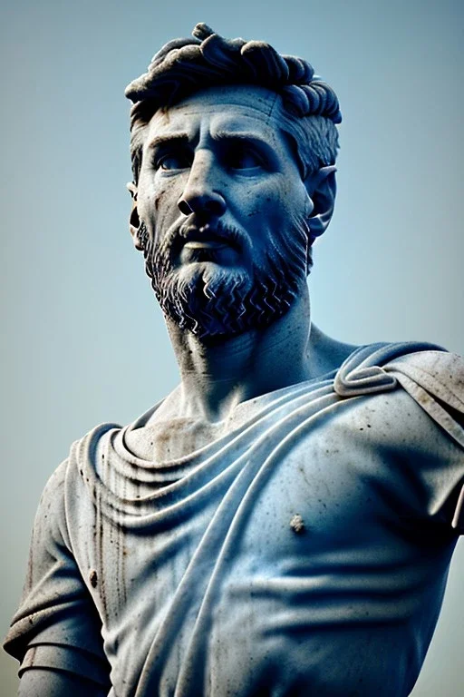 Ultra Realistic image, roman sculpture, deluxe white marble material, Lionel Messi, Renaissance style, miguel angel style, chisel style, emperor, waist up portrait, epic, celestial, cinematic lighting, God light, god rays, 4k resolution, smooth details, ornate details, unreal engine 5, blue sky background.