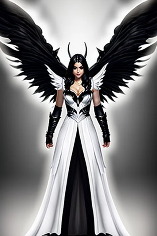 angel, demon, angel demon hybrid, half angel, half demon, black angel wings, white demon wings, black and white, balance, horns, armor, noble clothes, black and white armor, black and white clothes