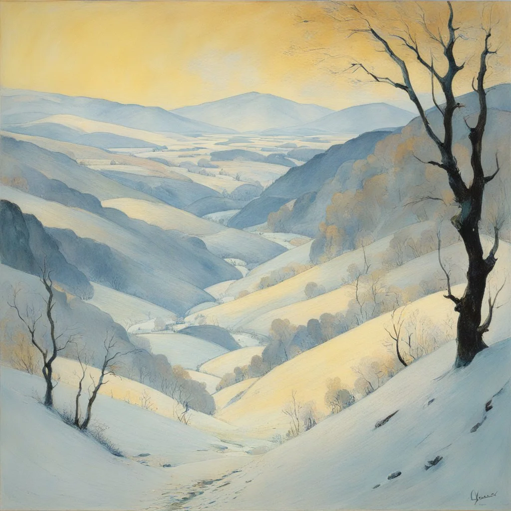 [art by Toulouse-Lautrec] a heroic fantasy landscape of a wide and deep valley, with winter colors, the branches of the trees caught in crystalline frost, with several islets floating above this enchanting valley, asleep in a winter shroud, lit by the glow of a pale star , swirls of scattered mists