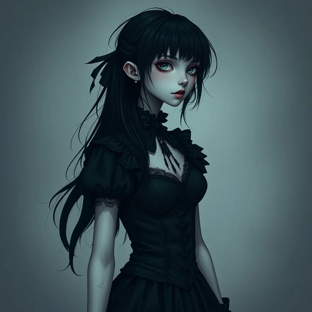 a pretty girl, skinny, dark hair, gothic clothes, dark fantasy, pale, stylised