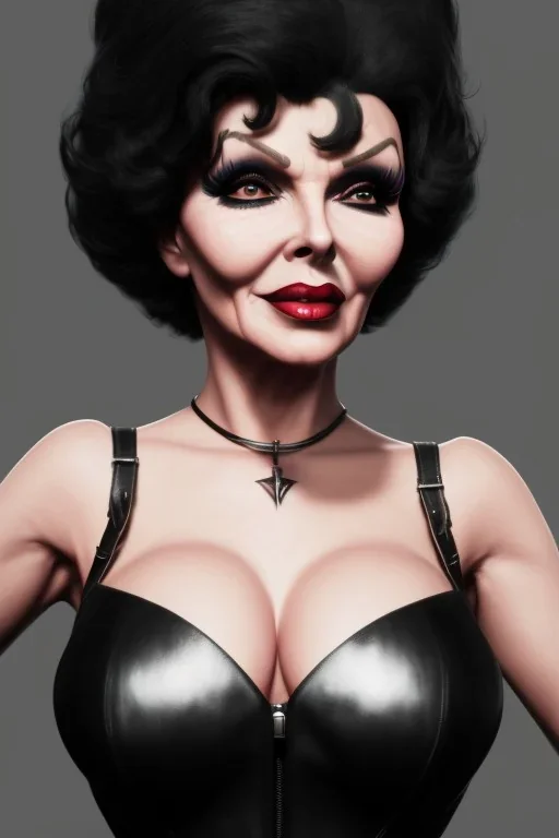 Joan Collins as evil queen in black leather, leather, busty, cleavage, angry, stern look. character design by cory loftis, fenghua zhong, ryohei hase, ismail inceoglu and ruan jia. unreal engine 5, artistic lighting, highly detailed, photorealistic, fantasy