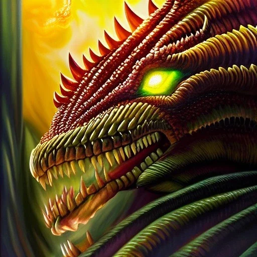 Ultra detailed fullbody Portrait in oil on canvas of Fin Fang Foom villain ,extremely detailed digital painting, extremely detailed face,crystal clear Big Glowing red eyes, mystical colors ,perfectly centered image, perfect composition, rim light, beautiful lighting, 8k, stunning scene, raytracing, anatomically correct, in the style of robert e howard and Ken Kelley and Ohrai Noriyoshi and Simon Bisley and tomzj1