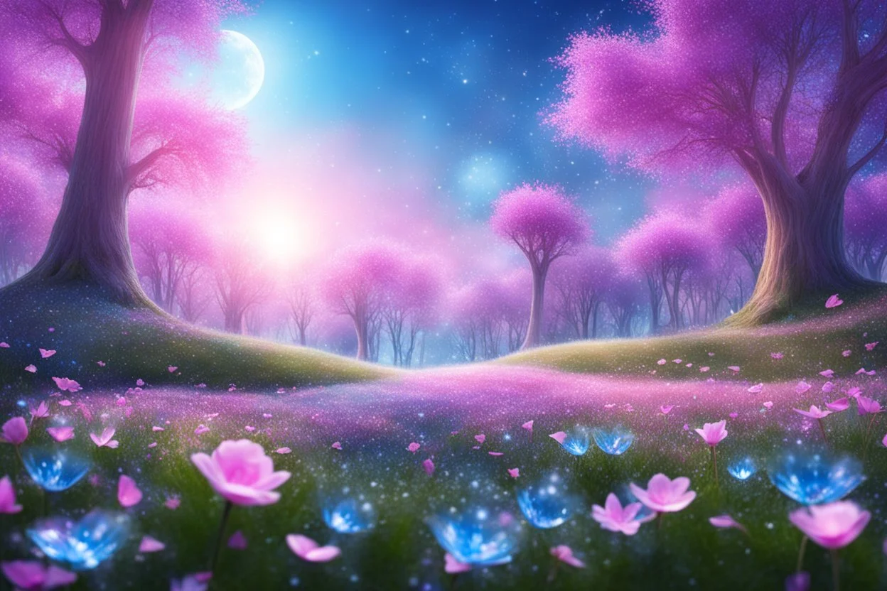 magic brightness diamon in a magic blue and pink lawn in a fairy forest, with lightness sky