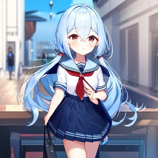 Clear focus, High resolution, long fluffy light blue hair, hair between eyes, long locks, wearing a sailor uniform, wearing a sailor skirt, long black socks, 1girl, cartoon, cute, UNFOTABLE studio, red tie, walking, outside setting