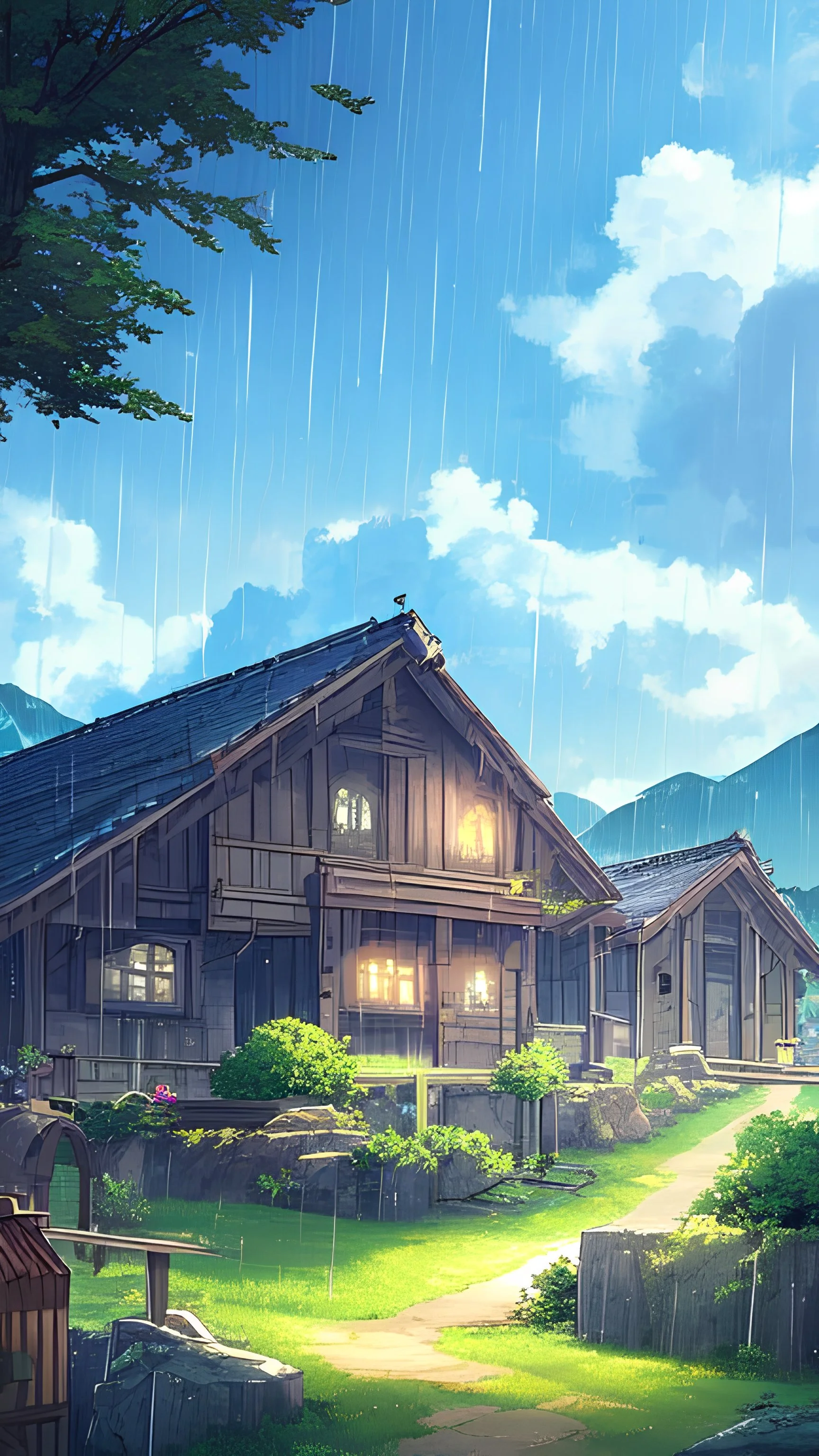 heaven, green, wooden house, cloud, green hill, sky, blue, big mountain, rain droplet, shine