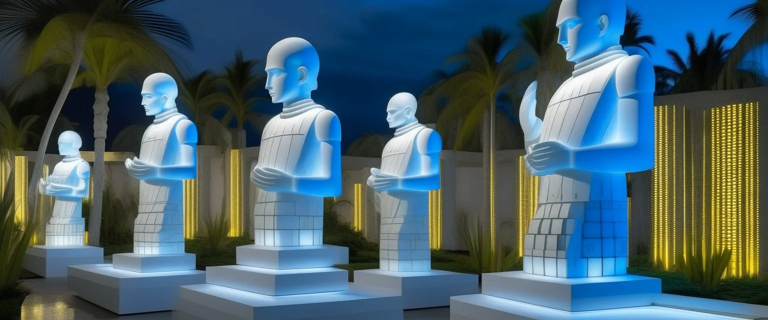 A pale bluish white realm with glowing light balls designed in Hawaiian tiki statues painted by Piet Mondrian