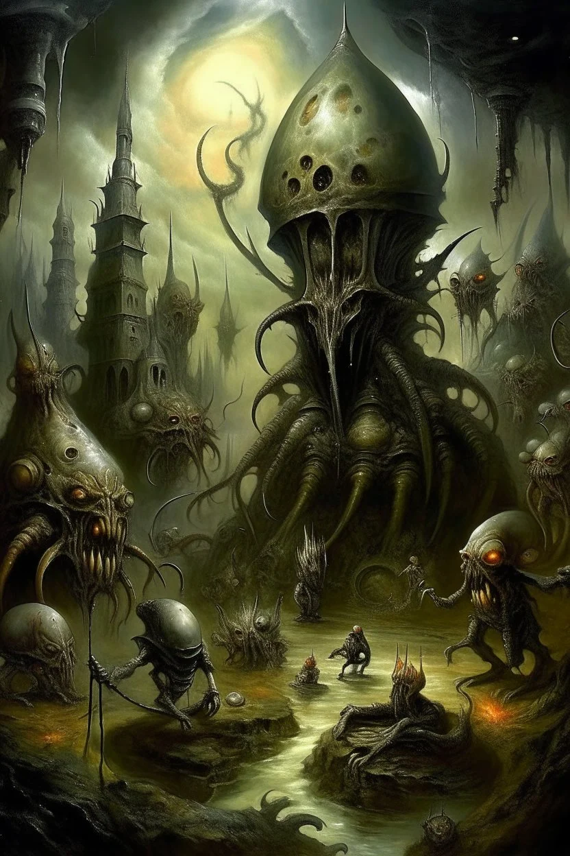 Aliens around metal epic Echo of Ruins , Bosch painting style nightmare