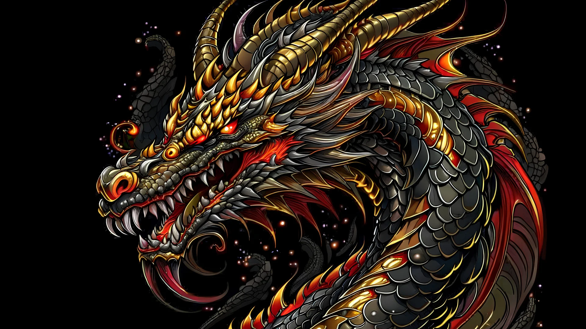 Detailed Illustration of Powerfull Dragon, Black & Gold Colors, Legendary, Cosmic Background, Whole Body 8K High Quality, Red Eye