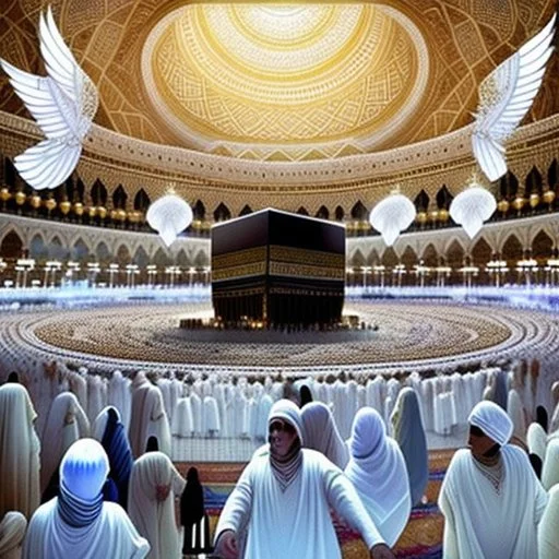 The scene in Mecca: People wearing white Ihram clothes, men without head coverings, women with veils, circumambulating around the Kaaba, and above them are transparent white spirits of children, men, and women with wings revolving around the Kaaba.