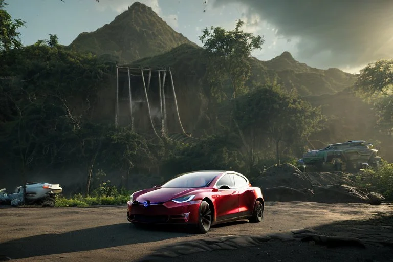 A Tesla 'Model Y' is parked, on the 'Jurassic Park' island. (CINEMATIC, WIDE ANGLE LENS, PHOTO REAL)