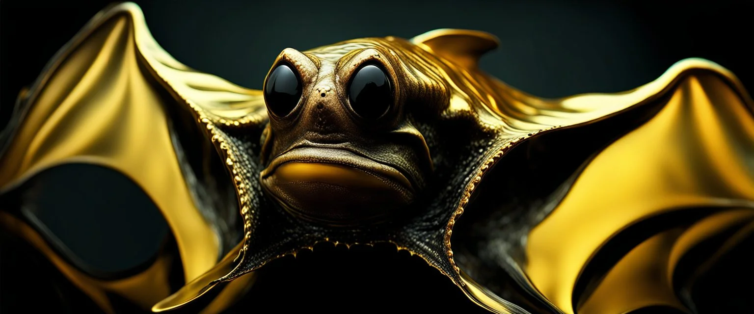 ultra high image quality, Close-up of a shark bat squid god resembling liquid gold, fins rippling like molten metal, set against AMOLED-worthy pure black backdrop, fantasy art style infused with a golden filter, tailored for vertical wallpaper, exclusive design with no duplicates, radiating beauty suitable for a PC screen image, vivid colors, ultra fine, digital painting.