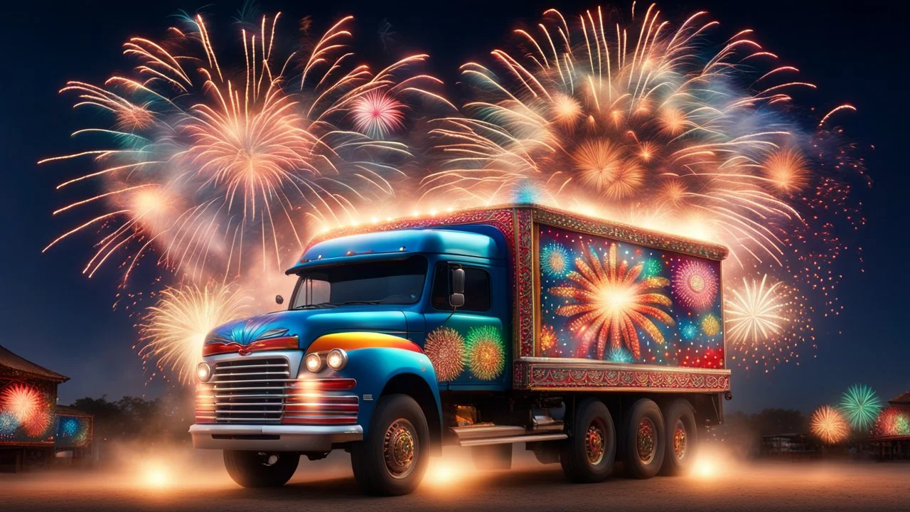 Hyper Realistic Photographic View Of Traditionally Designed Cultural Multi Colored Truck Art With Fairy Lights & Beautiful Fireworks On Sky.