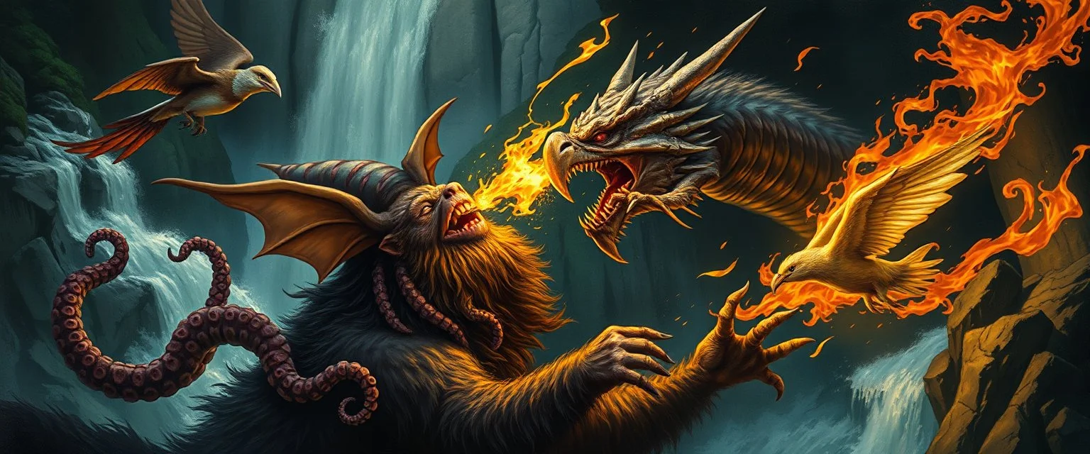 octopus bird witch bear dragon waterfall looks beyond really powerful slapping a bird in the face with fire, fantasy illustration, in the style of Rembrandt
