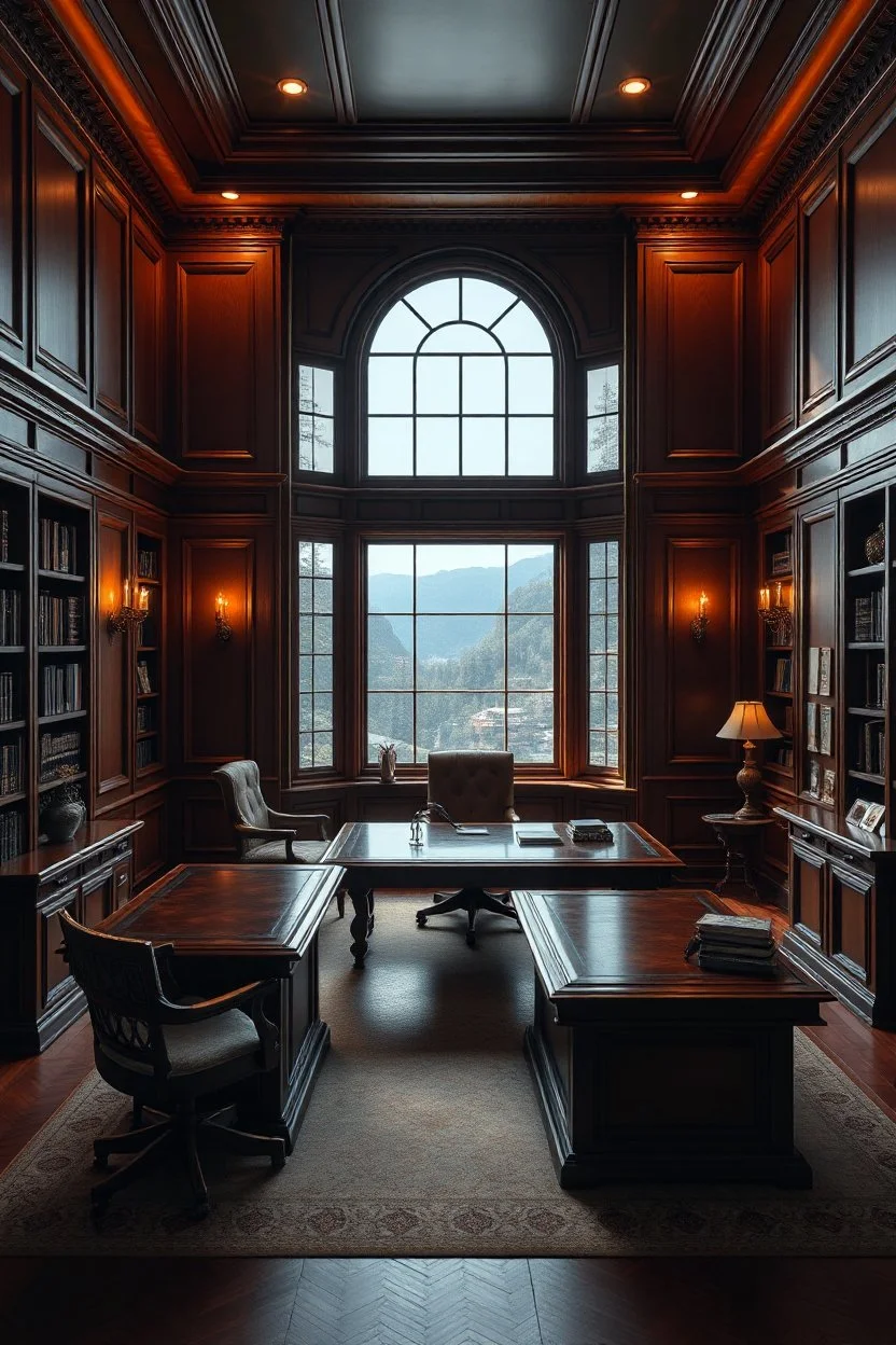Picture of a study with mahogany panelled walls, a large landscape window and a large mahogany desk, photorealistic, dark fantasy, 4k