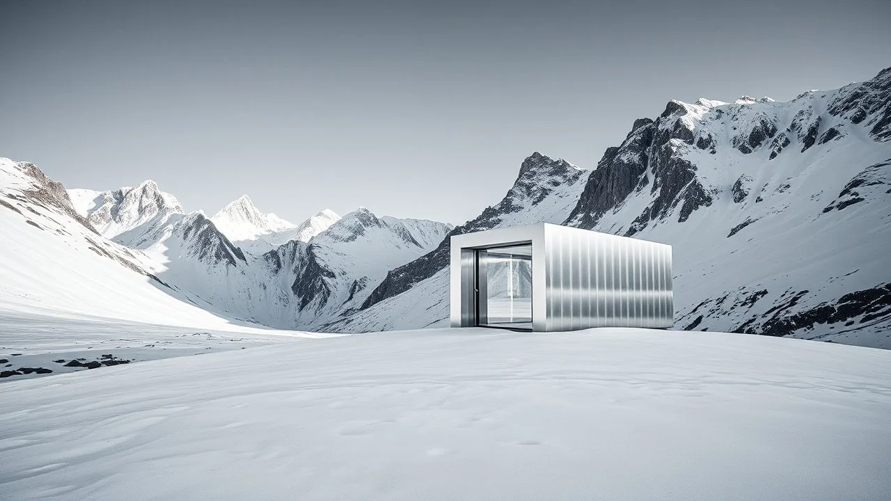Arquitecturas mínimas: refugio de una sola pieza en aluminio anodizado, ubicada en monte de picos y nieve, con luz de reflejos en metal, representada en estilo de estilo de fotografía de infrared. Imagen limpia, esencial, contemplativa, alta calidad.