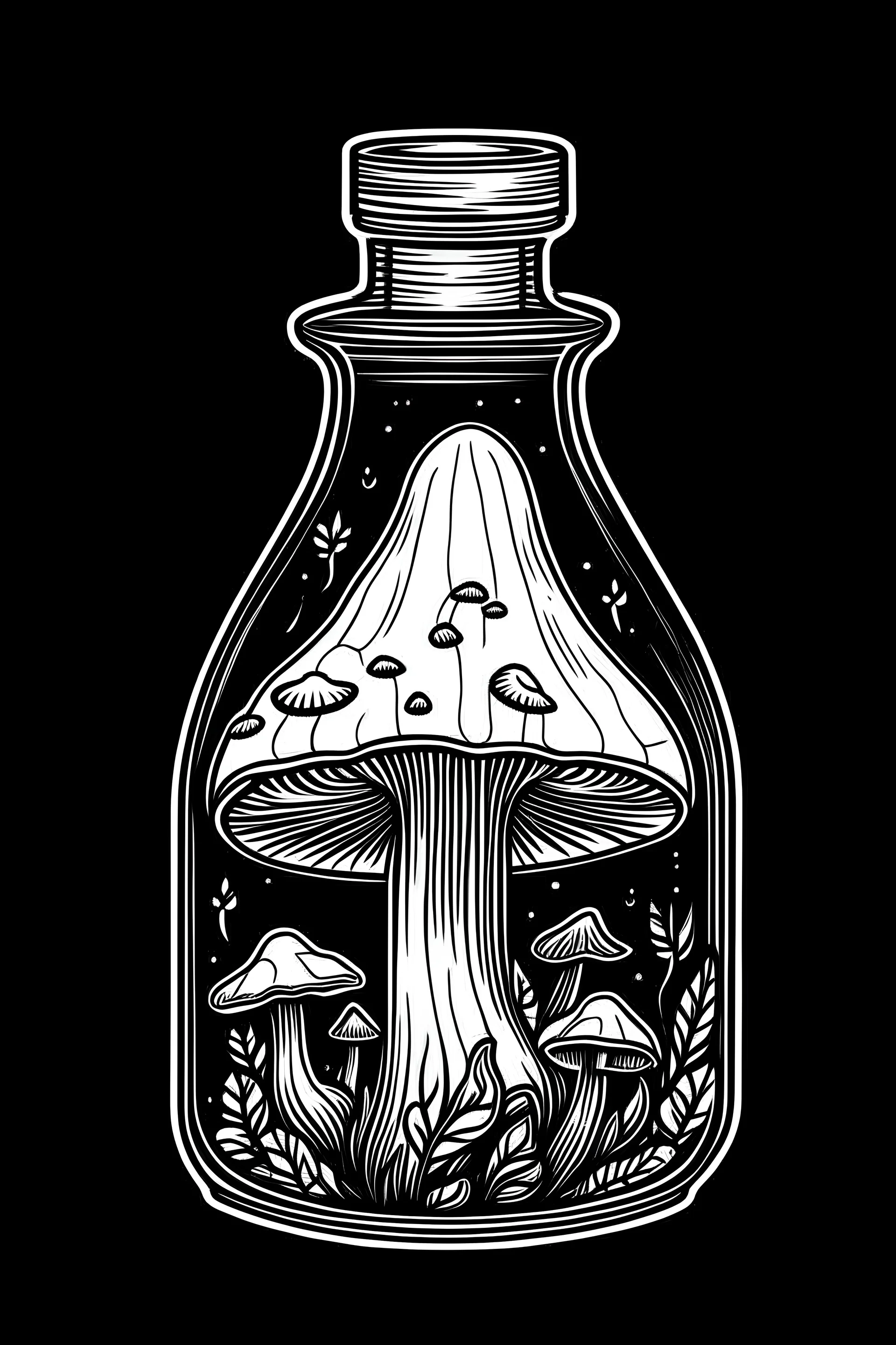 outline art for Mushroom in a bottle pages for kids 2 age , black background, easy, sketch style, only use outline, clean line art, black background