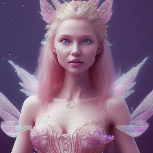 a pink castle, a cheerful fairy in front, big smile, pink, blonde hair, beautiful, whole face, whole top hair head, wide open blue eyes, transparent wings onn the back, hyperrealism, masterpiece, expert, cinematic lighting, sharp focus, 8K, pastel, macro lens, woman, detailed, flower