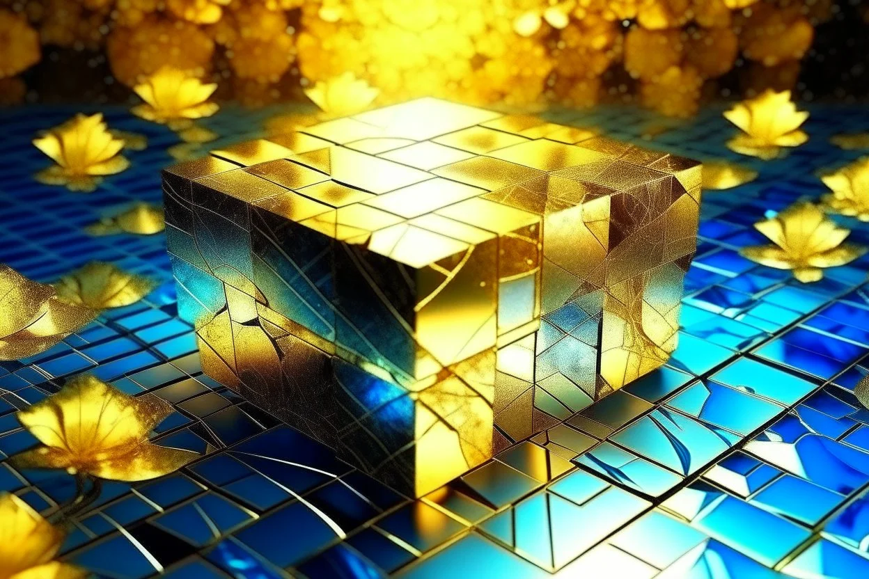 beautiful composition, symmetric pattern, Double exposure of cubes in which abstract flowers are, cracked holographic marble background, the cracks are golden S<AI in sunshine