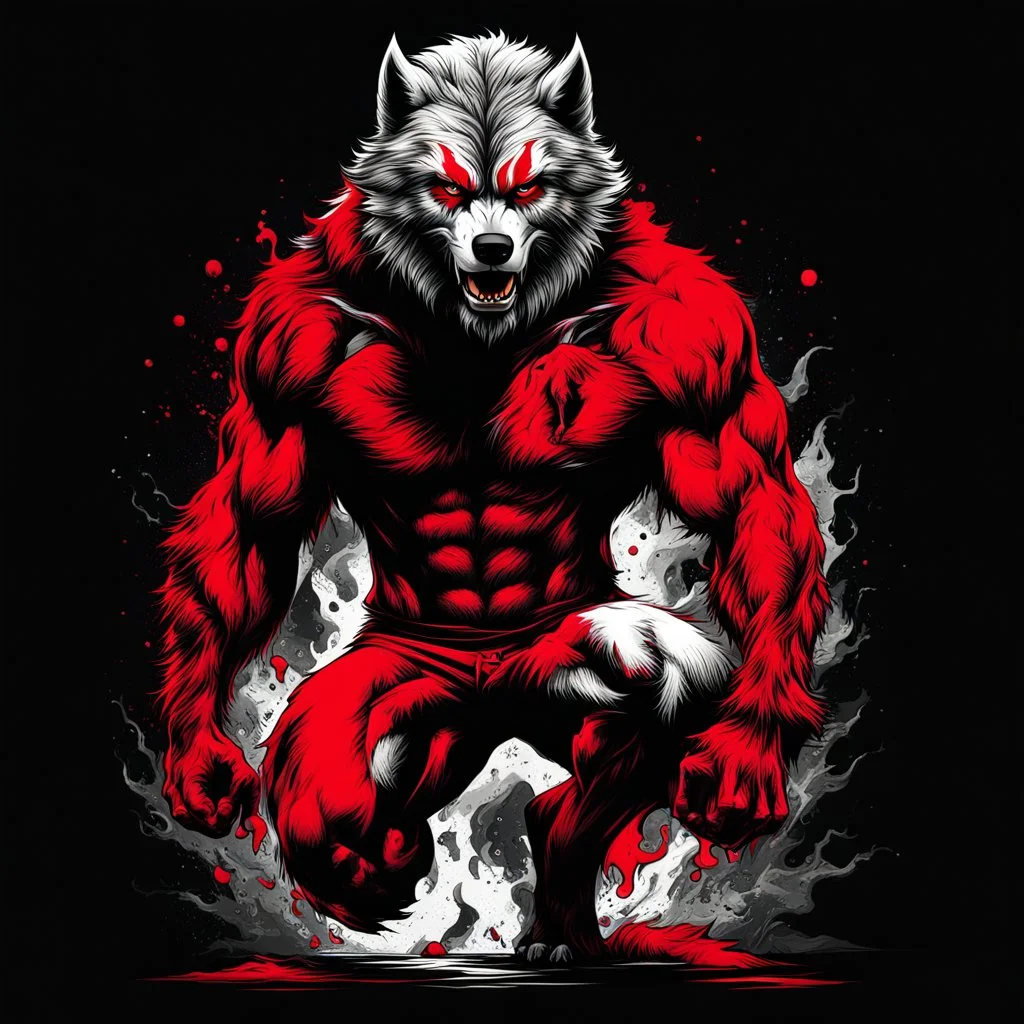 wolfman full body art illustration black background red and white color full body