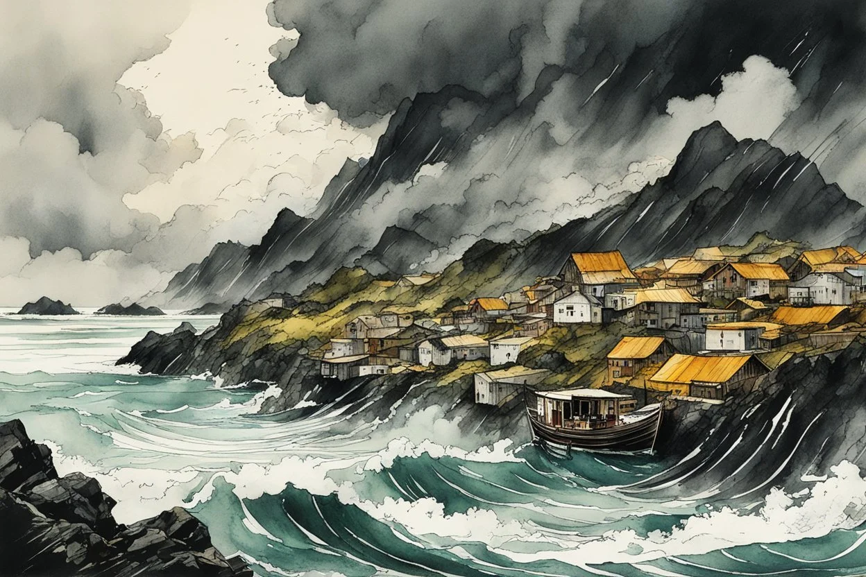 an abstract ink wash and watercolor lithographic illustration of a storm tossed, highly detailed coastal fishing village in the mountainous islands of Lofoten , with ominous storm of the century thunderheads and pounding surf , finely drawn and inked, 4k, hyper detailed and vibrantly colored in the comic art style of Bill Sienkiewicz and Frank Miller