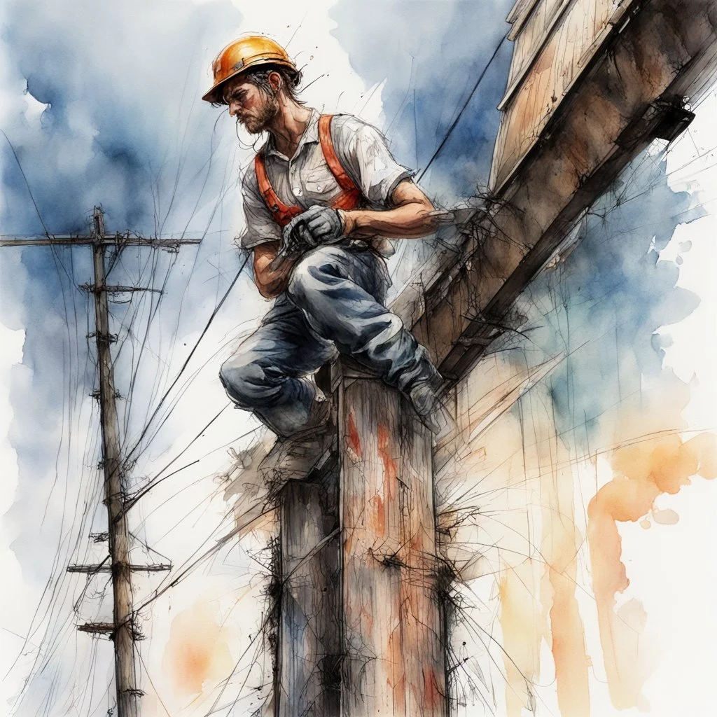 medium brush stroke Watercolor and ink illustration, Epic, long shot perspective of electrical worker doing line work on a telephone pole, art by Luis Royo and Renoir, trending on artstation, dynamic composition, graffiti art splash art, colorful polychromatic, ink leak, rough strokes, complex contrast, CGSociety, 3d shading