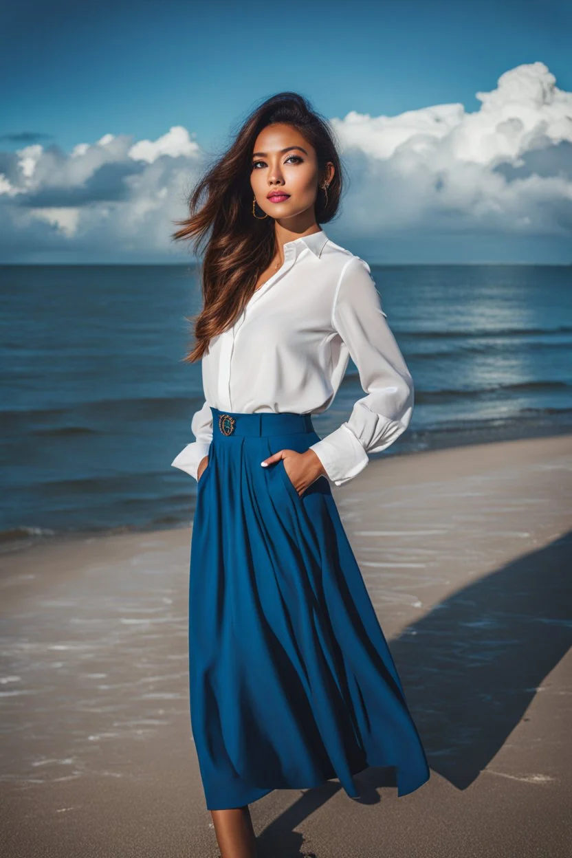 young lady wearing beautiful maxi blue skirt and elegant long shirt standing in beach posing to camera ,upper body shot,ships in sea ,blue sky nice clouds in background