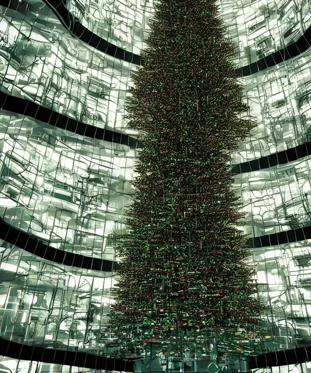 matrix code Christmas tree inside futuristic cyberpunk space ship