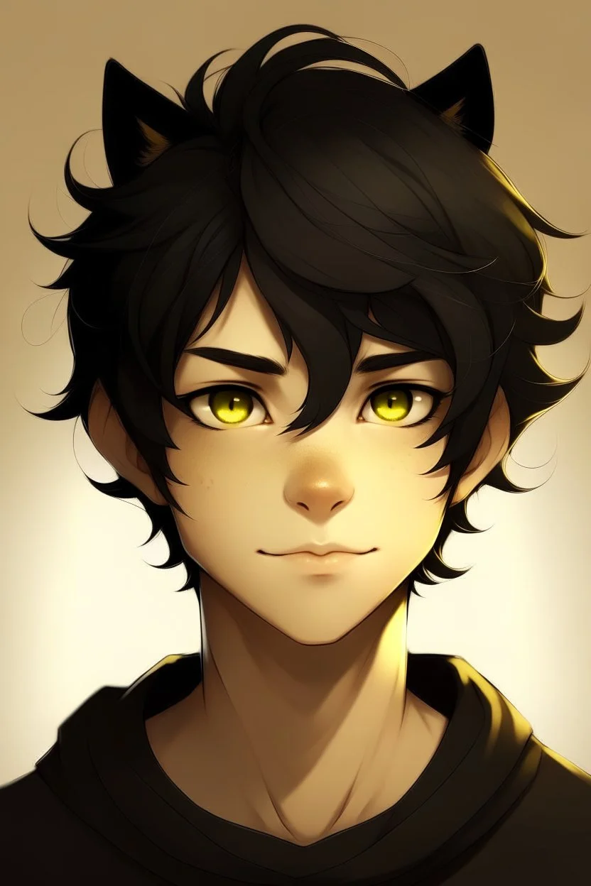 At teen male with messy black hair, gold eyes, large black cat ears, slight smile