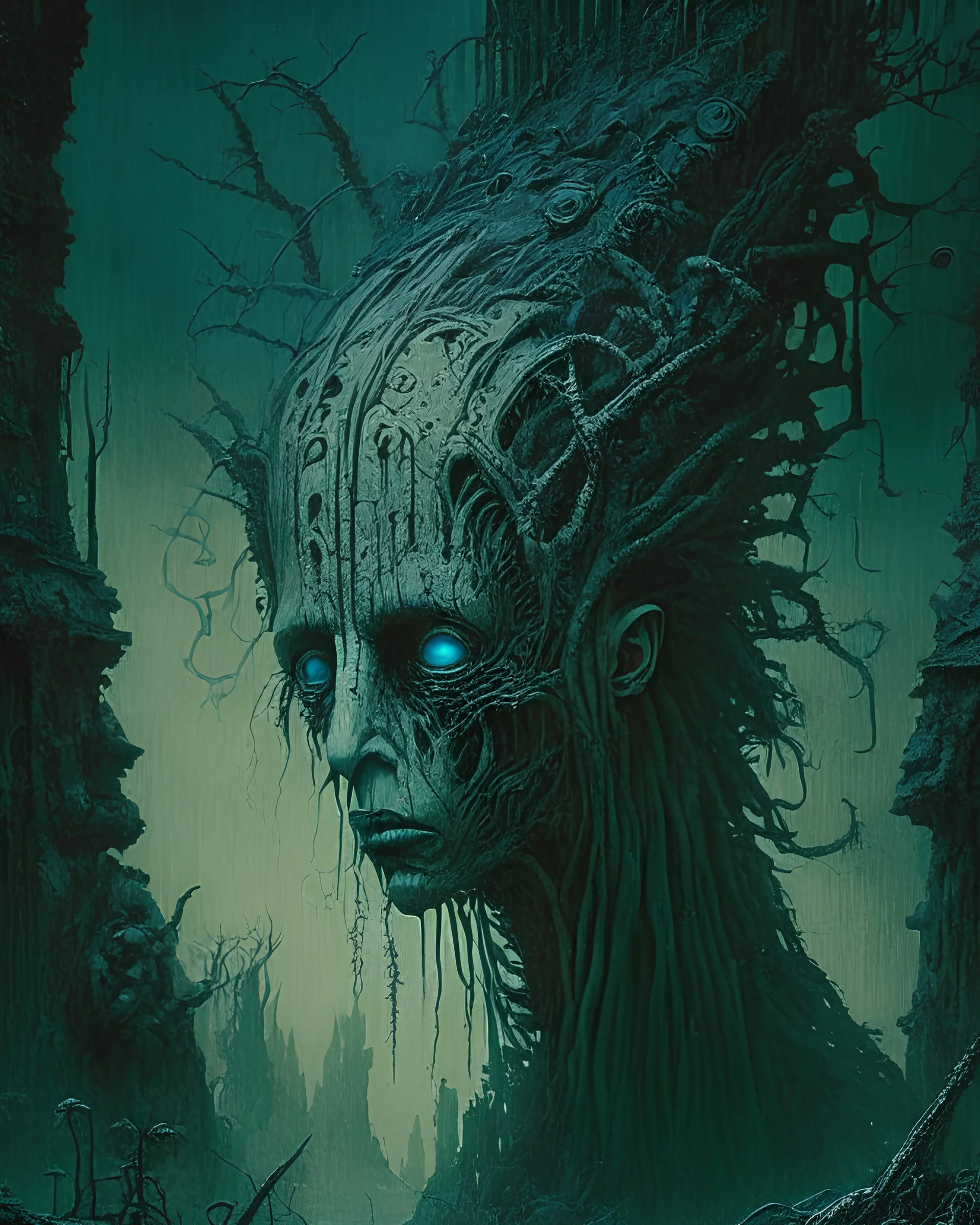 A captivating vision of a character in a post-apocalyptic world, where nature has reclaimed the remnants of human civilization and new lifeforms have emerged, in the style of dark fantasy art, intricate details, moody lighting, and thought-provoking compositions, influenced by the works of H.R. Giger and Zdzisław Beksiński