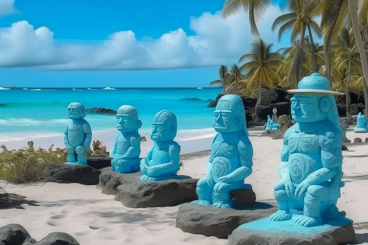 A light blue beach with Hawaiian tiki statues painted by Claude Monet