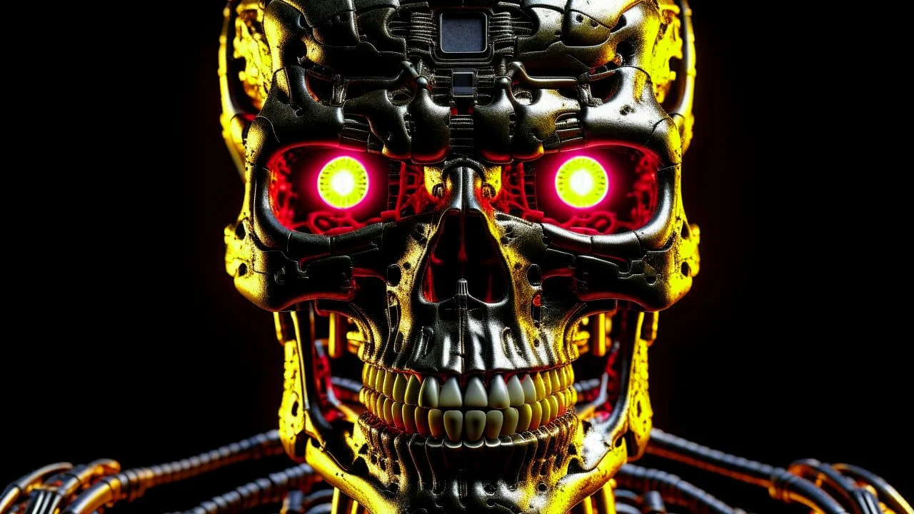 4K, ultra details, full realism. Portrait terminator logo. Visage complet. Émission radio hardrock. Firestarter