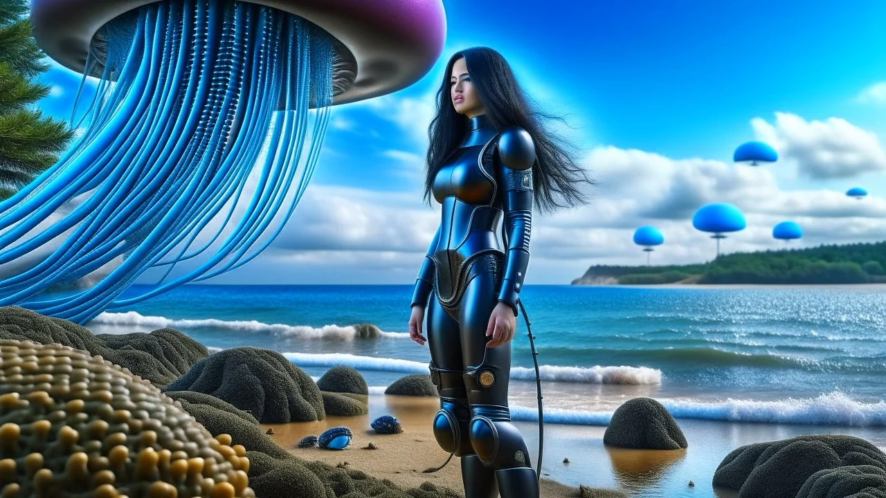 A Long-Haired Woman In A Robotic-Looking Catsuit Standing On A Beach, With Flying Mushrooms with Jellyfish Tentacles, and a crashed Spaceship lying in the water, and a Forest in the distance, photorealistic