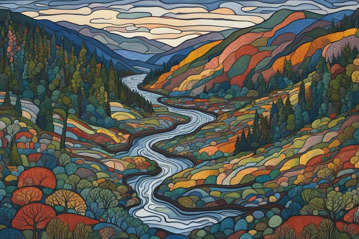 a dramatic painting of a lush Pacific Northwest forested river valley landscape in the pale light of dawn, in the Art Brut style of Jean Dubuffet, rich natural colors, museum quality masterpiece