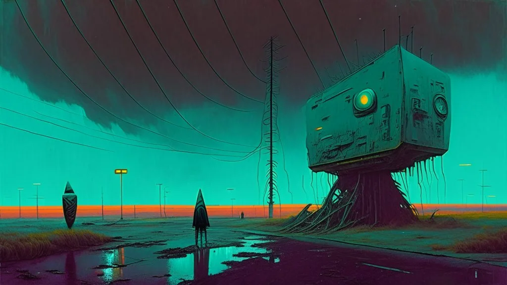 Strange surreal world, science fiction painting, Simon Stålenhag, Denis Sarazhin, ominous sky, Alex Colville, Alejandro Burdisio, Romain Trystram, RAW, gritty atmospheres, sinister surrealism, dark pop surrealism, neon techno-gothic punk, analog horror CRT, scan lines