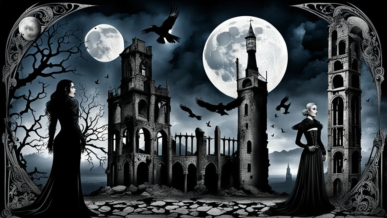 goth theme with victorian style woman, two raven, tower, ruin, moon, darkness, detalied materialas, old wall