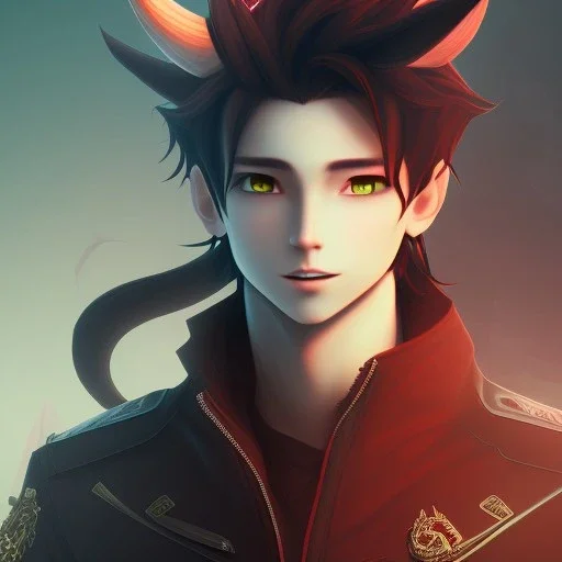 anime discord profile picture of man with short black hair AND red streaks, with dragon horns on top of his head, looking mischievous