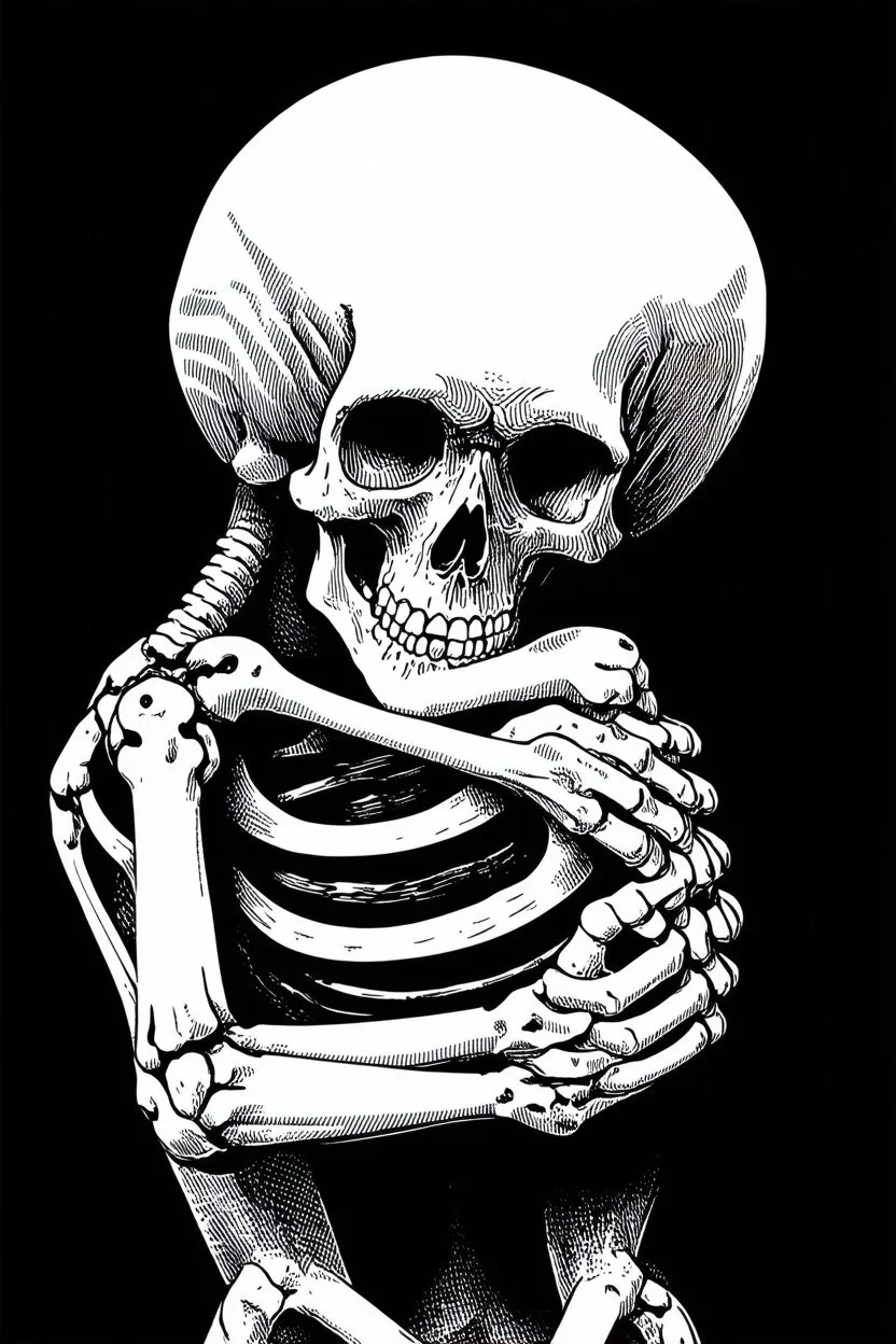 Black And White Graphic Of a Skeleton Hugging Itself