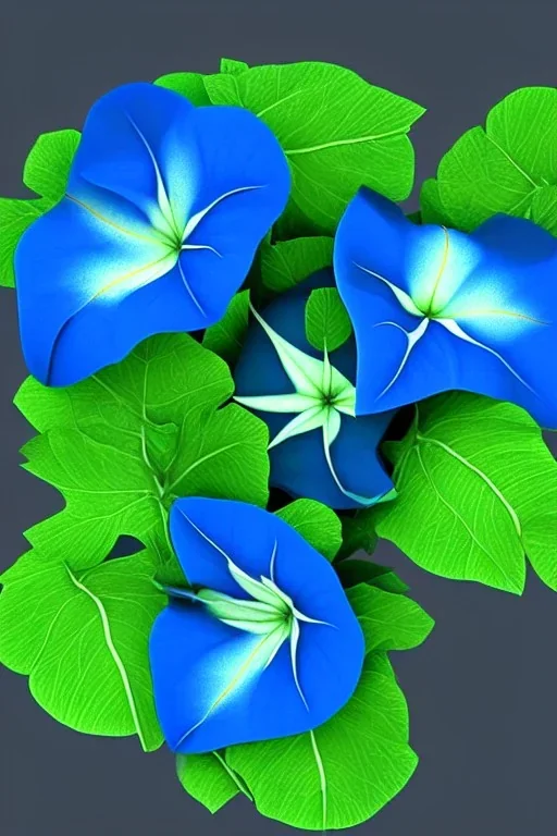 three Blue morning glory with green leaves, arranged vertical, a digital rendering by Kanzan Shimomura, photo realistic rendered in maya and daz3d, with a dark blue background